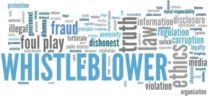 A word cloud in gray and blue colors. The text represents a variety of words representing Halunen Law such as "Whistleblower, truth, law, fraud, government, regulation, anonymity and protection