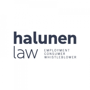 The Halunen Law logo reading "Halunen Law Employer Consumer Whistleblower" in bold gray and black text.