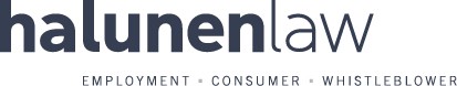 Text: Halunen Law in bold black letters. Employment, Consumer, Whistleblower in light gray letters.