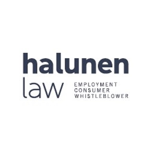 A rectangular logo with black letters reading "halunen law" accompanied by the tagline "Employment, Consumer, Whistleblower".