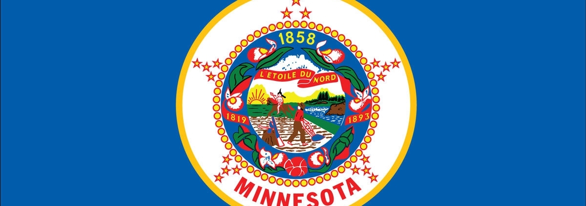 A closely cropped illustration of the Minnesota flag focusing on the Minnesota seal in blue, red, and yellow.