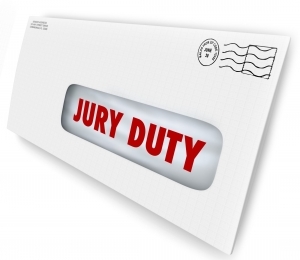 A digital illustration of an envelope. The window of the envelop reads "Jury Duty" in bold red letters. 