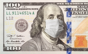 A digital illustration of a 100 dollar bill with Benjamin Franklin wearing a mask. 