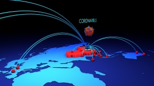 A simple red and blue map graphic depicting the original spread of Covid 19.
