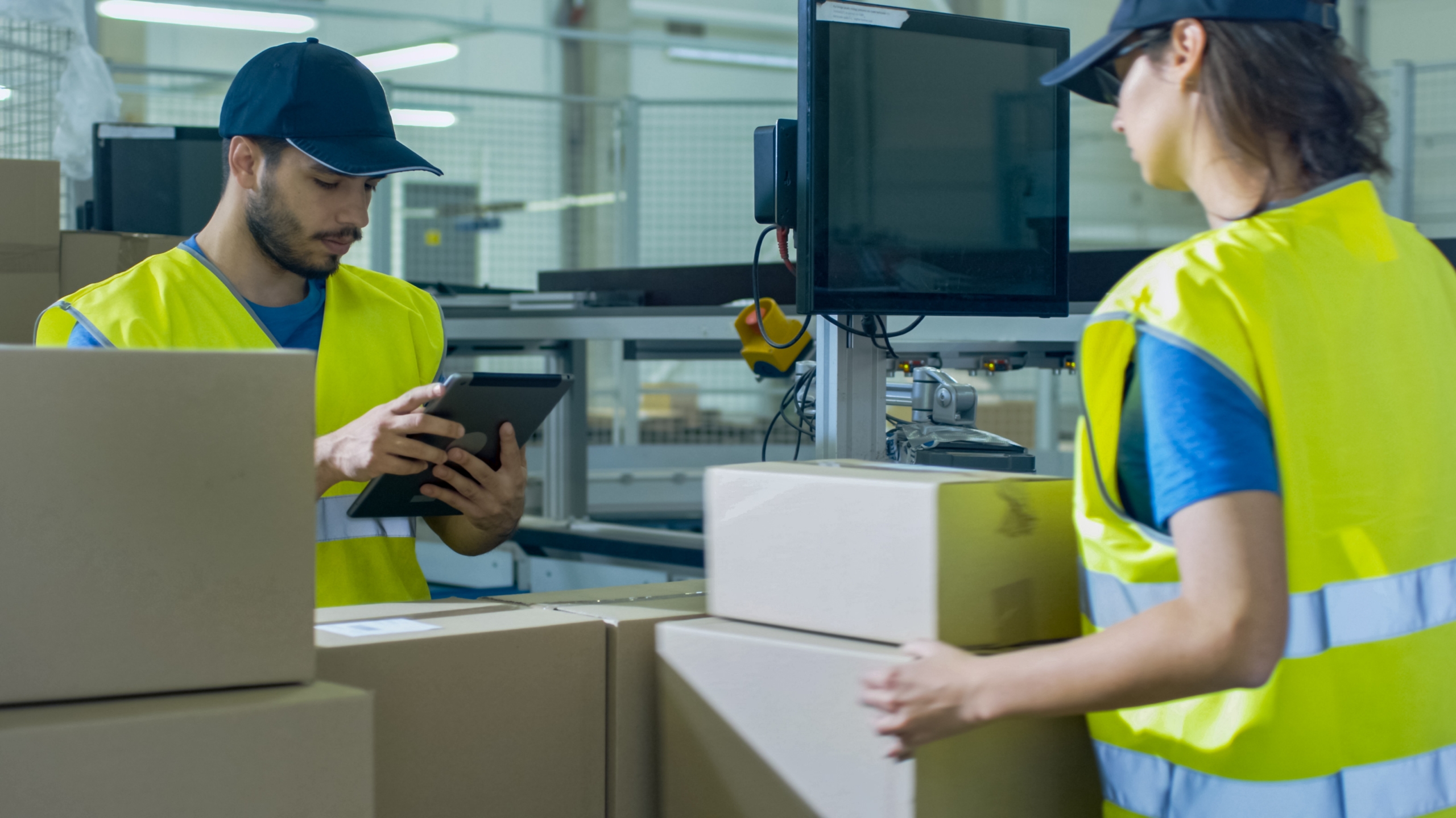 Employees wearing bright green safety vests handle large cardboard boxes, using a computer and a handheld device. 
